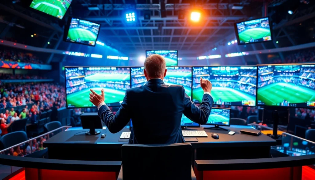 Dynamic sports broadcasting studio with an analyst highlighting thrilling moments in Sports Broadcasting.