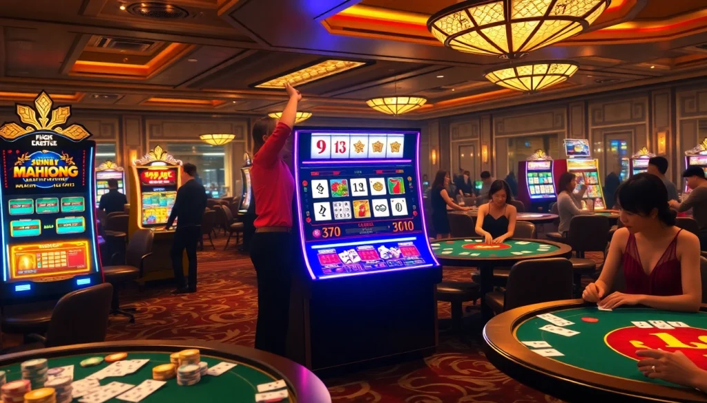 Engage with the mahjong slot demo game at a luxurious casino, featuring vibrant colors and intricate slot machine designs.
