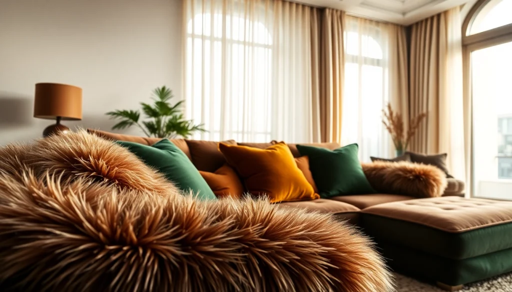 Creëer een warme en stijlvolle stoffen sfeer met luxe stoffen in een gezellige woonkamer.