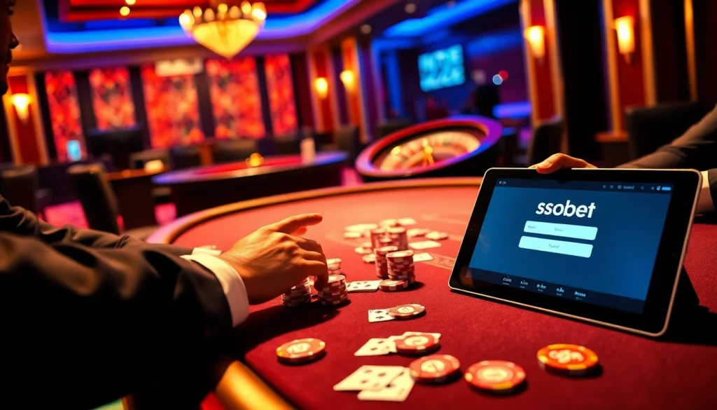 Engage in sbobet login at a luxury casino table featuring poker chips, cards, and thrilling online betting excitement.