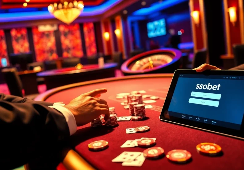 Engage in sbobet login at a luxury casino table featuring poker chips, cards, and thrilling online betting excitement.
