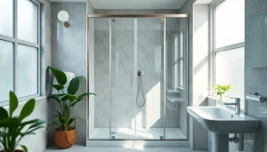 Stunning glass shower doors enhancing a modern bathroom's aesthetic with elegant reflections.