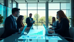 Illustration of growth strategy trends analysis by professionals in a modern office setting.