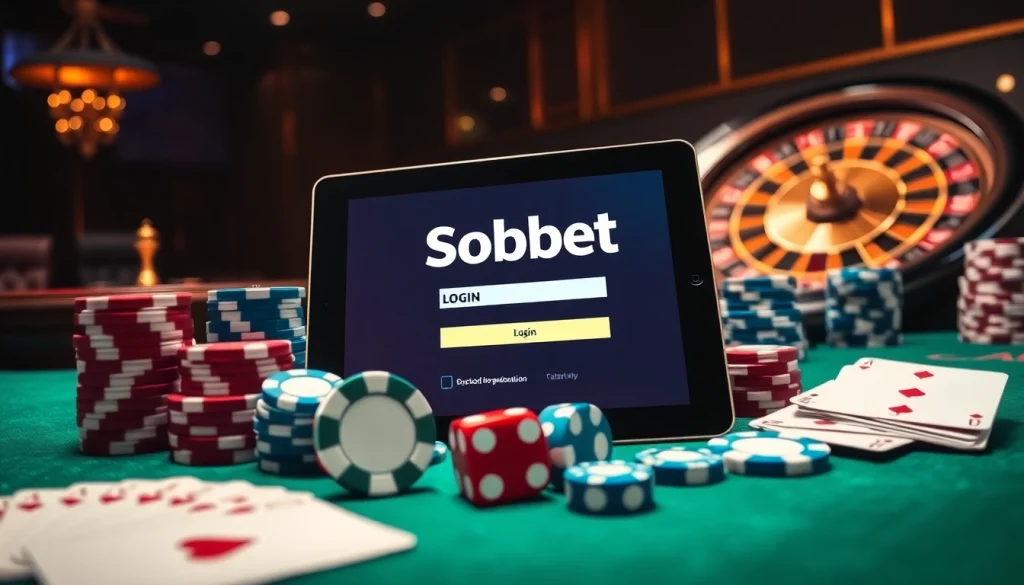 Engage with sbobet login on a sleek tablet amidst poker chips and cards in a vibrant casino.
