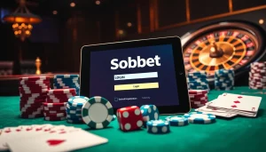 Engage with sbobet login on a sleek tablet amidst poker chips and cards in a vibrant casino.