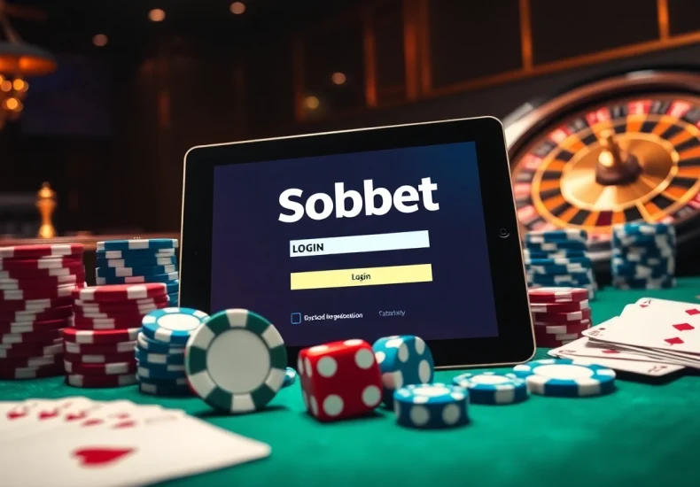 Engage with sbobet login on a sleek tablet amidst poker chips and cards in a vibrant casino.