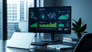 Cybersecurity AI interface in a modern workspace showcasing data analytics.