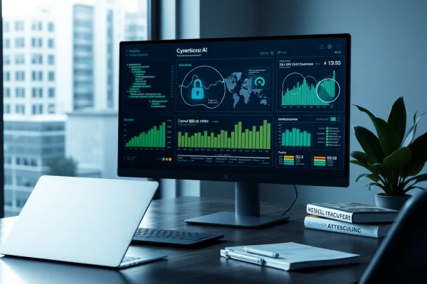 Cybersecurity AI interface in a modern workspace showcasing data analytics.