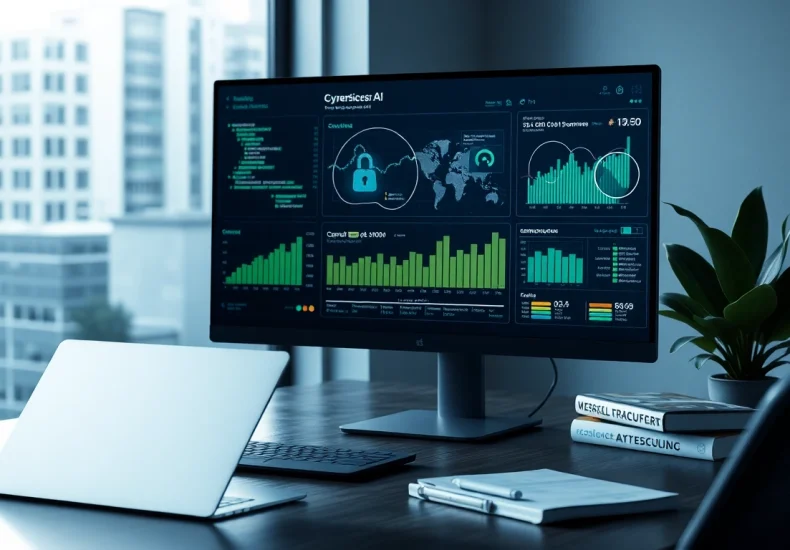 Cybersecurity AI interface in a modern workspace showcasing data analytics.