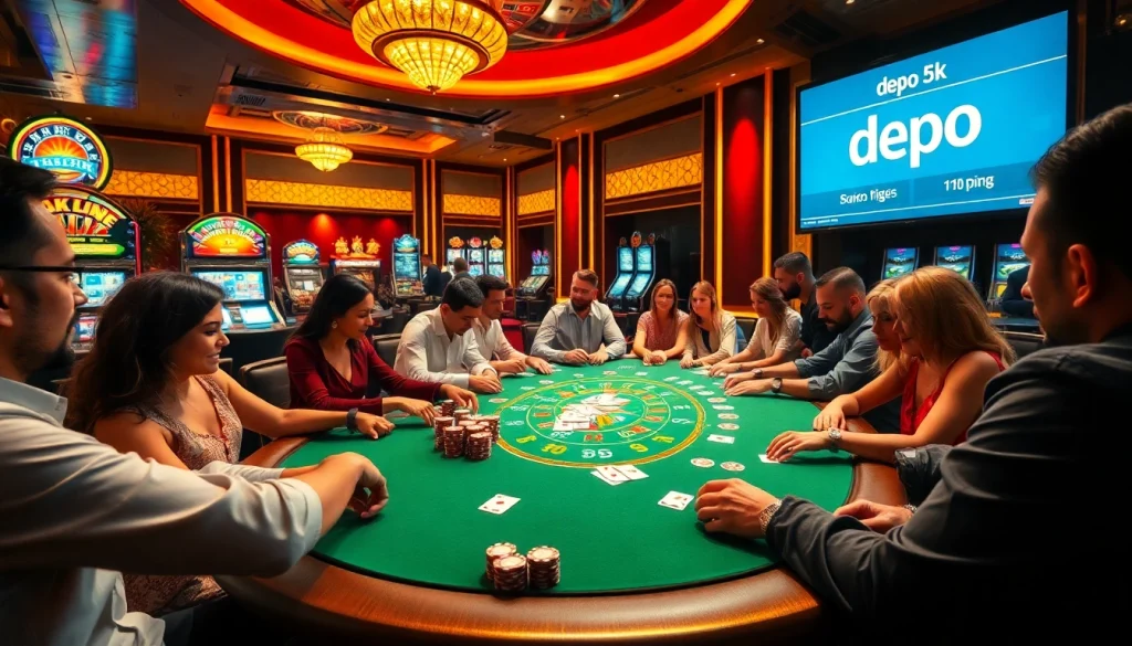 Pemain menikmati permainan poker yang mendebarkan dalam suasana kasino mewah dengan opsi Depo 5k untuk perjudian online.