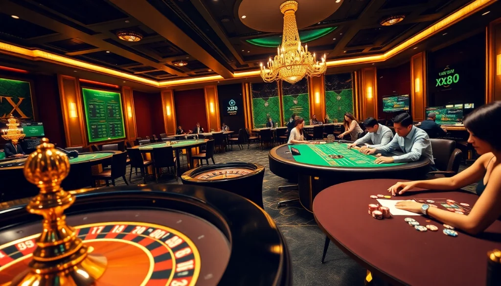 Engage in thrilling gameplay at XX88's luxurious casino, featuring dynamic poker tables and vibrant atmosphere.
