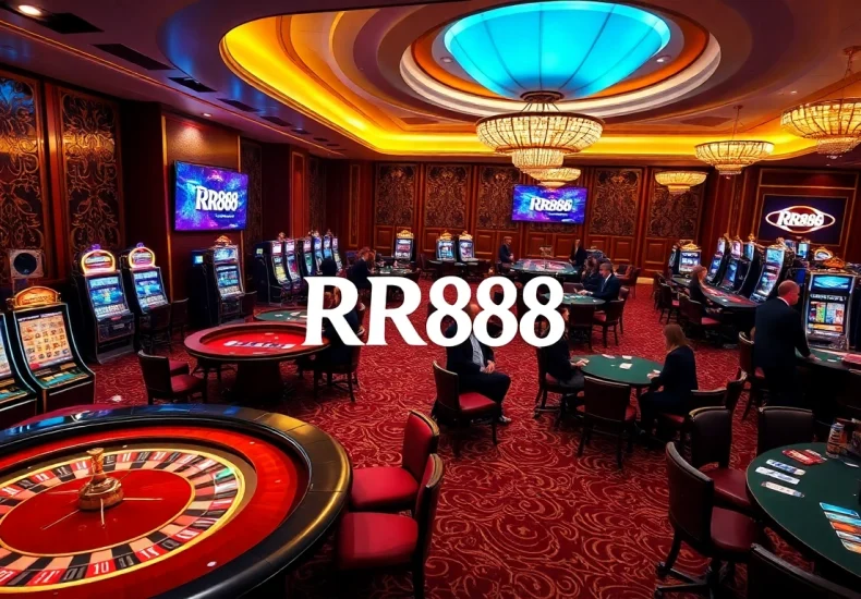 Players enjoying high-stakes action at RR88 casino tables with vibrant slot machines.