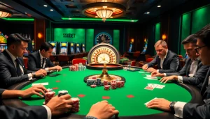SBOBET players engaged in an exciting poker game in a luxurious casino setting, showcasing strategy and thrill.