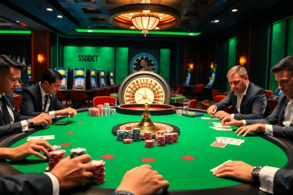 SBOBET players engaged in an exciting poker game in a luxurious casino setting, showcasing strategy and thrill.