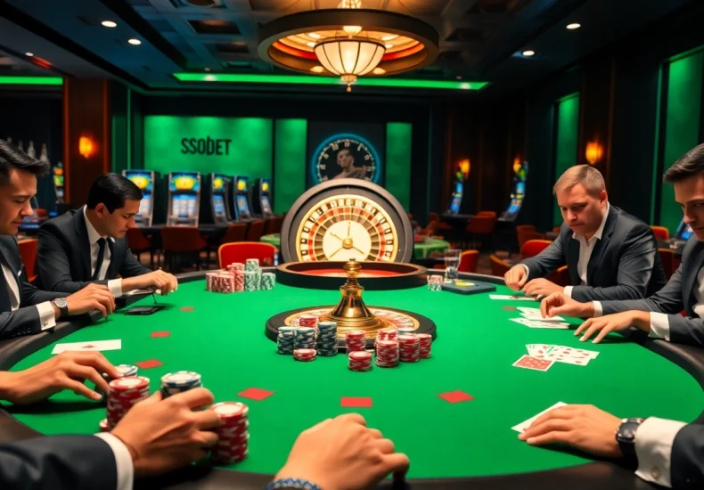 SBOBET players engaged in an exciting poker game in a luxurious casino setting, showcasing strategy and thrill.