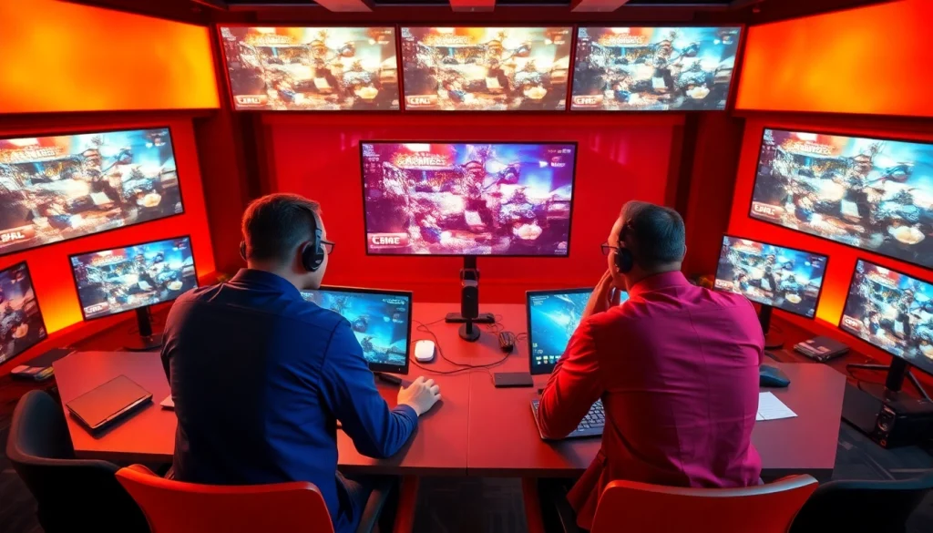 Showcase of the latest gaming news in a dynamic newsroom setting with writers and screens.