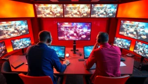 Showcase of the latest gaming news in a dynamic newsroom setting with writers and screens.