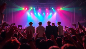 BTS news capturing members performing energetically on stage with vibrant lights.