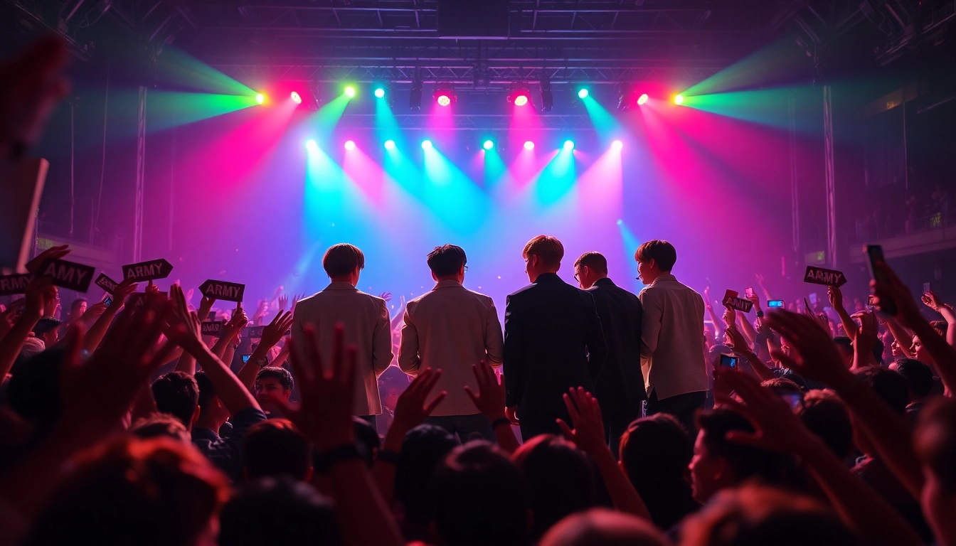BTS news capturing members performing energetically on stage with vibrant lights.