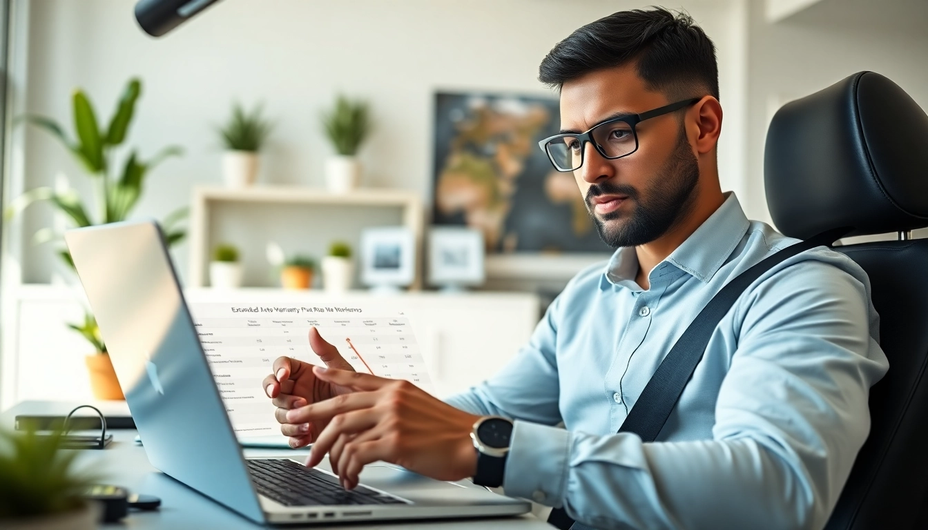 Evaluate extended auto warranty plans in a modern office for informed decision-making.
