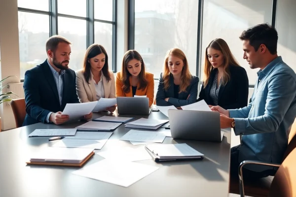 Conducting Pre and post award compliance review in a modern office with teams working together.