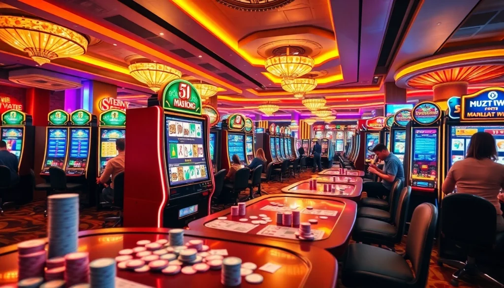 Spin the reels on the Mahjong slot demo, featuring vibrant graphics in a lively casino setting.