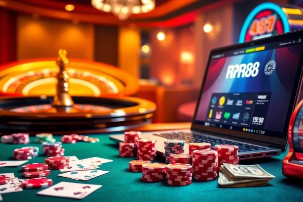 RR88 casino scene featuring poker chips and a roulette wheel in a luxurious setting