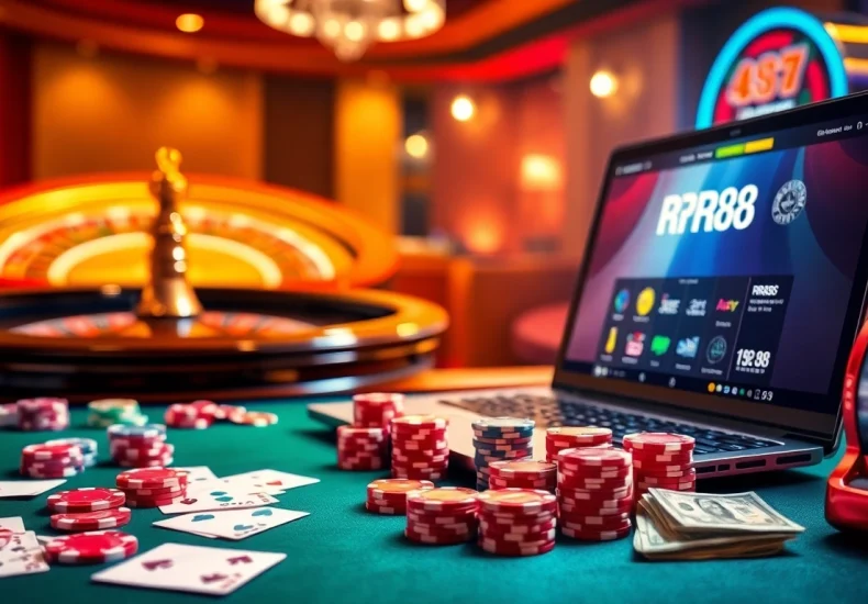 RR88 casino scene featuring poker chips and a roulette wheel in a luxurious setting