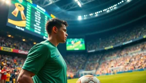 Showcasing a soccer player and vibrant scoreboard for บานผลบอล, capturing live sports excitement.