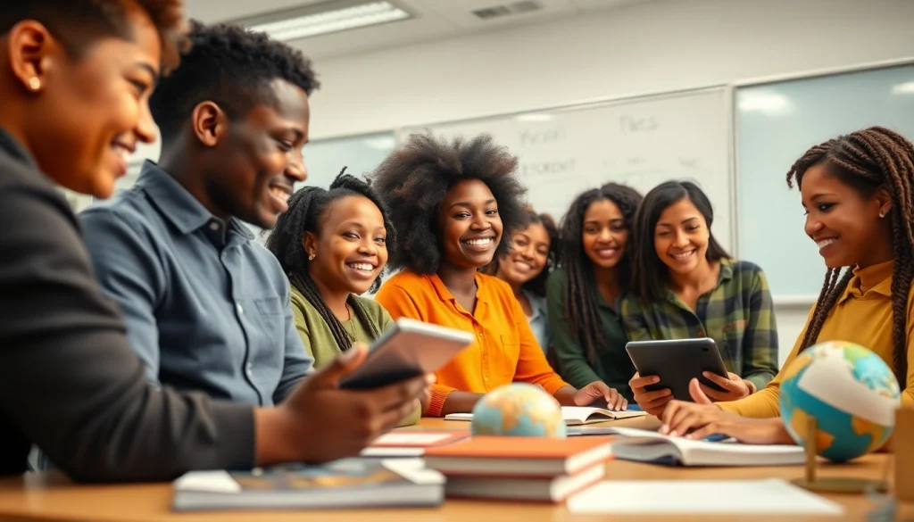 Engaging educational scene showcasing students and a teacher in a digital classroom, emphasizing innovation in education.