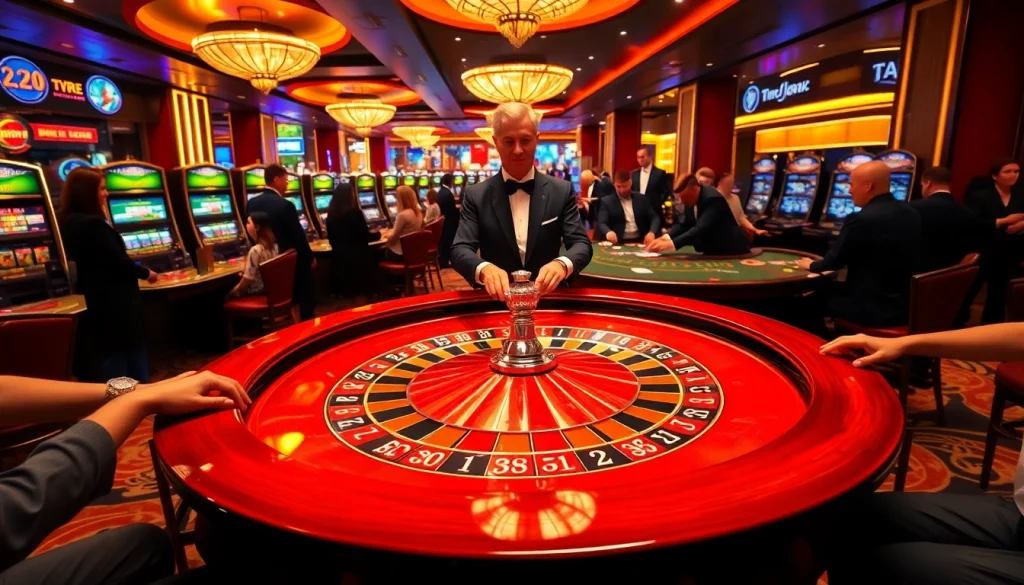 Experience the vibrant atmosphere of rr88 casino with engaged players at poker and roulette tables.