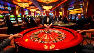 Experience the vibrant atmosphere of rr88 casino with engaged players at poker and roulette tables.