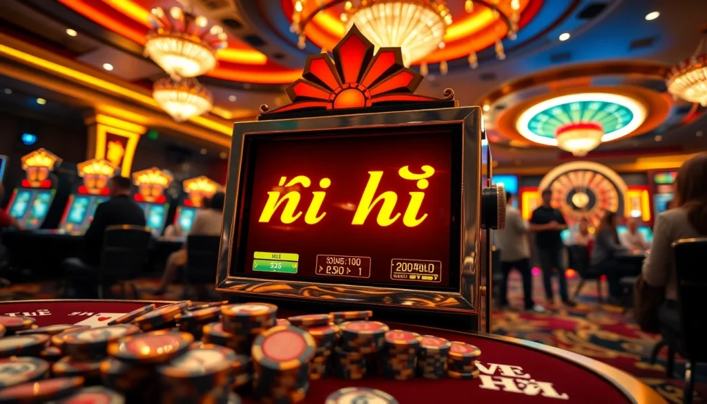 Engaging players with nổ hũ on a sparkling slot machine in a luxurious casino setting.