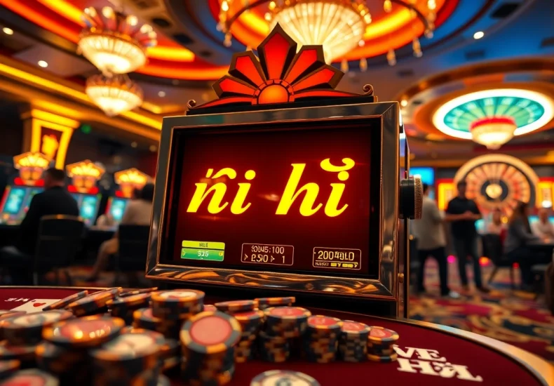 Engaging players with nổ hũ on a sparkling slot machine in a luxurious casino setting.