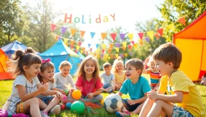 Children enjoying activities at Holiday camps in a lively outdoor setting.