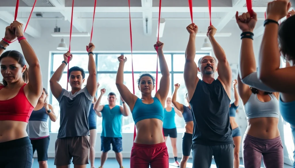 Using stretch bands for pull-ups in an energetic gym setting, showcasing diverse individuals.