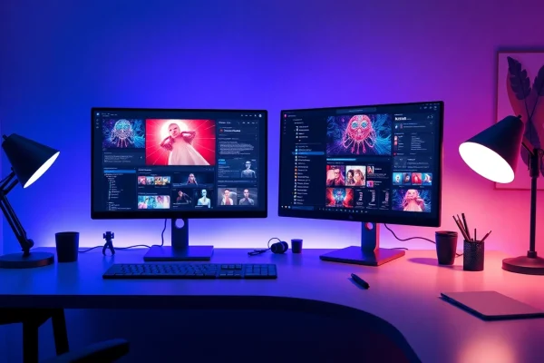 Innovative digital workspace showcasing NSFW AI content creation tools and tech devices.