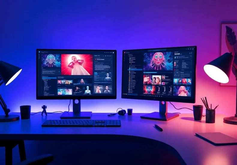 Innovative digital workspace showcasing NSFW AI content creation tools and tech devices.