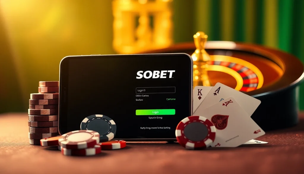 SBOBET login interface surrounded by luxurious casino elements like poker chips and roulette wheel.
