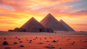 View of the piraminds at Giza under a dramatic sunset, showcasing ancient architecture.