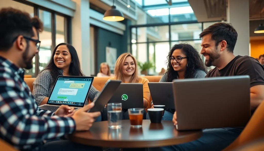 在舒适咖啡馆中使用 WhatsApp Web 的朋友，展示数字化沟通