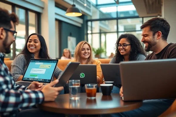 在舒适咖啡馆中使用 WhatsApp Web 的朋友,展示数字化沟通