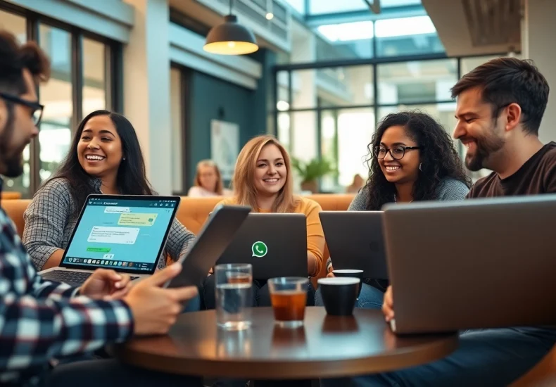 在舒适咖啡馆中使用 WhatsApp Web 的朋友,展示数字化沟通