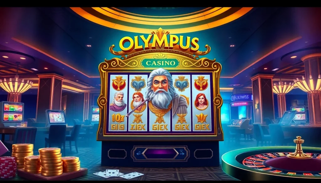 Playing the olympus slot game amidst a luxurious casino backdrop with vibrant colors and excitement.