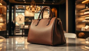 레플리카 명품 가방이 대리석 테이블 위에 놓인 이미지