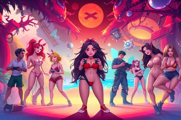 Engaging scene featuring diverse characters from free porn games in vibrant game environments.