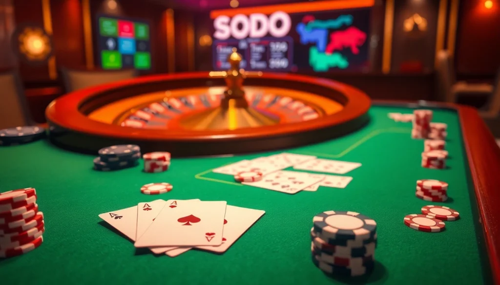 Engaging casino table with SODO branding featuring cards and chips in a luxurious setting.