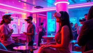 Engaging scene of users interacting with NSFW AI chatbots in a futuristic lounge, vibrant colors.