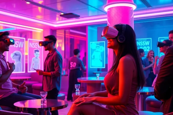 Engaging scene of users interacting with NSFW AI chatbots in a futuristic lounge, vibrant colors.
