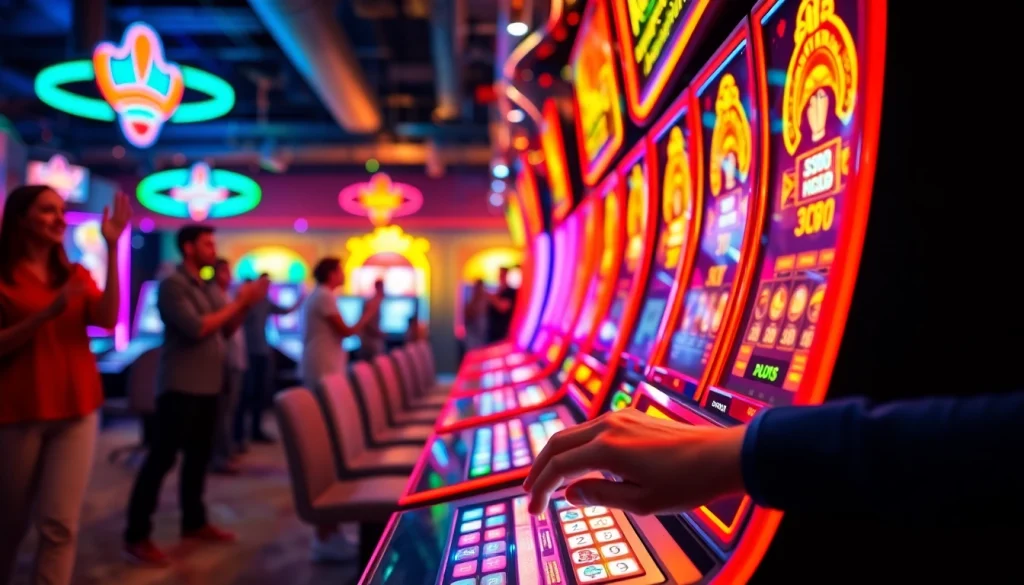 Menggambarkan slot deposit 1k dalam suasana permainan yang ceria dengan mesin slot dan cahaya berwarna.